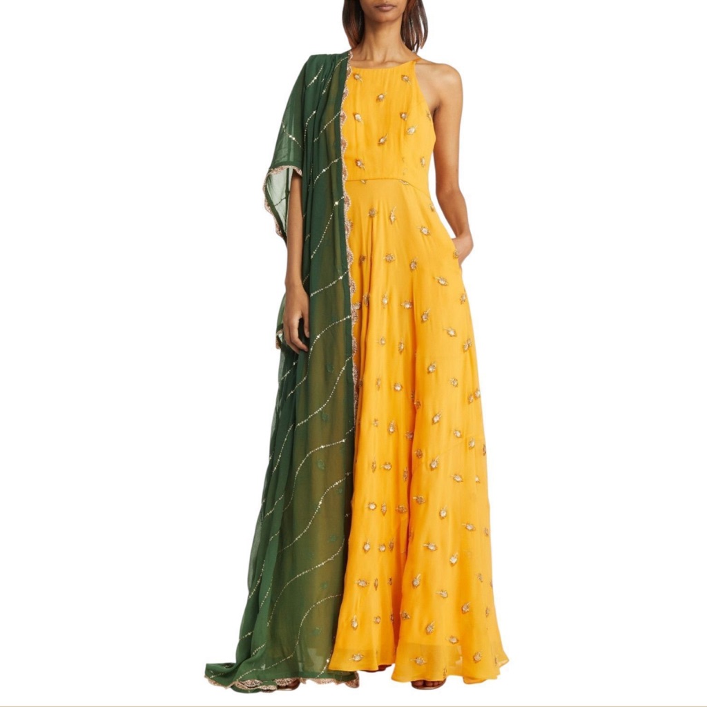 Sani Nila Anarkali With Dupatta In Marigold With A Green Dupatta Size M